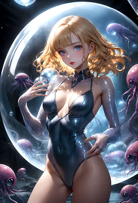 a young woman with blonde hair, beautiful detailed eyes, beautiful detailed lips, extremely detailed face, long eyelashes, wearing a revealing silvery space swimsuit, in a bubble dome on an alien world, being grabbed by a tentacled alien bug, ray pistol in...