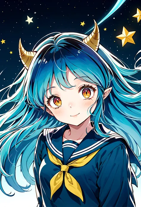 takahashi rumiko style,(1 girl,lum,long hair,bangs,blue hair,orange eyes,horns,pointy ears,aqua hair,oni horns,(eyeshadow),(shir...