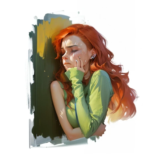 painting of a woman with red hair and a green shirt, an expressive digital painting, emotional sad painting, expressive digital painting, inspired by Lois van Baarle, digital expressive oil painting, a digital painting, depressed girl portrait, digital pai...