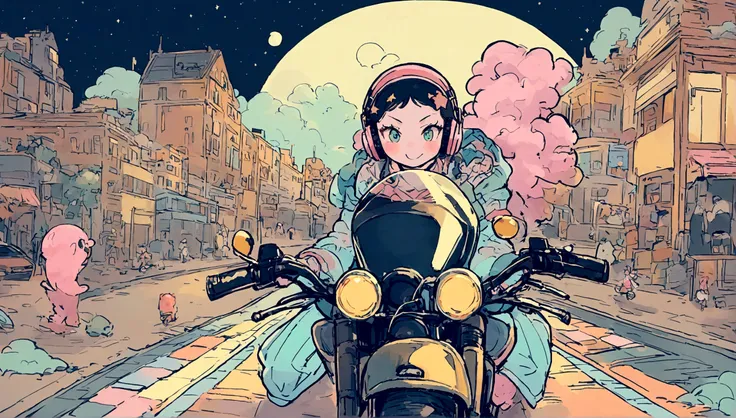 portrait、512、lofi、Girl with headphones 、night、Pastel colors、Painting, lots of stars and moon, super big breast,pank rock,portrait、512、lofi、Girl with bike、City view、Pastel colors、Painting, lots of stars and moon, super big breast,Riding a motorcycle and goi...