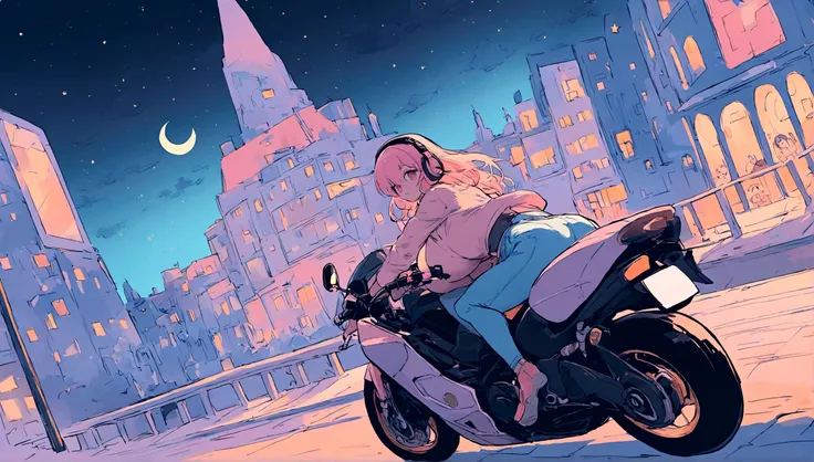 portrait、512、lofi、Girl with headphones 、night、Pastel colors、Painting, lots of stars and moon, super big breast,pank rock,portrait、512、lofi、Girl with bike、City view、Pastel colors、Painting, lots of stars and moon, super big breast,Riding a motorcycle and goi...