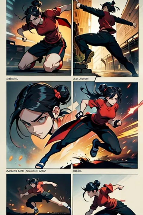 Girl with black hair in a bun fighting, full body positions, manga page with panels and dialogue 