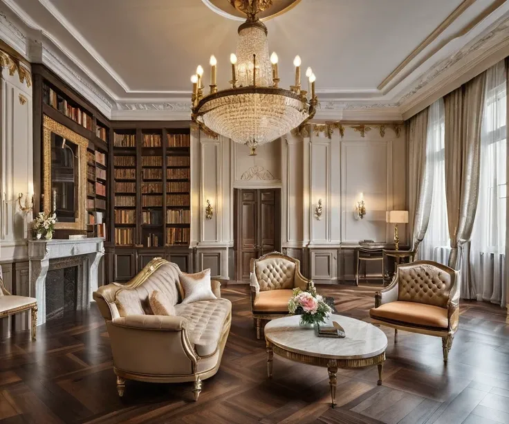 a view of a living room with a couch, chairs, and a chandelier, highly detailed interior, neo - classical style, neoclassical style, neoclassicism style, interior architecture view, interior living room, royal interior, classicism artstyle, library in the ...