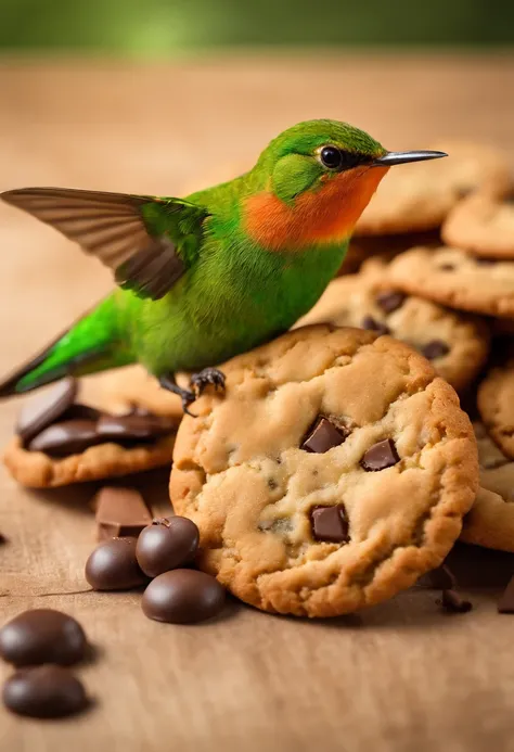 Biscoitos Cookies com gotas de chocolate (doce de leite), realista, ao fundo um beija flor(colibri)(green bird), (bird beija flor, green bird), cookies a frente (fundo um beija flor(colibri verde), bird, 4k, high resolution, biscoitos cookies, scenario (be...