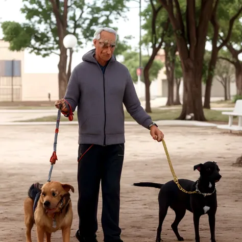 there is a man walking two dogs on a leash in the park, com cachorros, detalhe poderoso, with dogs, homem mais velho, andando no parque, por David Rubin, by Felipe Seade, Carlos Huante, imagem de perfil, by Fernando Gerassi, por Luis Miranda, Gary Montalba...