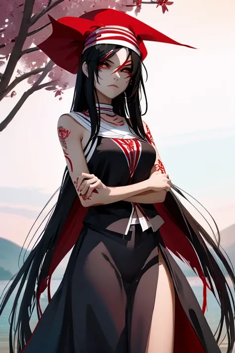 make a beautiful woman with long hair, black hair, red eyes, on both her arms she has tattoos covering them all, her clothes are bandanas on the top, scenery spider lily flowers
