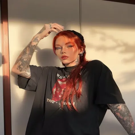 arafed woman with red hair and tattoos posing for a picture, with red hair, julia hetta, with long red hair, angie glocka, red hair and attractive features, arian mark, with tattoos, androgynous person, she is wearing streetwear, wearing a black tshirt, lo...