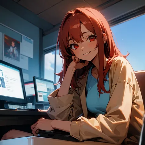 girl, middle breast, red hair, red eye, light brown skin, sky blue shirt, sitting in front of computer, smiling, hacker, extremely beautiful, masterpiece