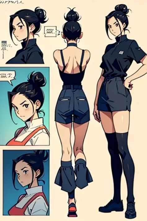 Girl with black hair in a bun, full body positions, manga page with panels and dialogue 