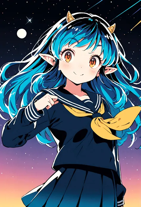 takahashi rumiko style,(1 girl,lum,long hair,bangs,blue hair,orange eyes,horns,pointy ears,aqua hair,oni horns,(eyeshadow),(shir...