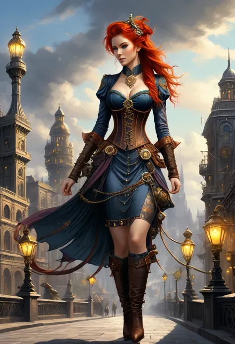 A fantasy illustration capturing a lanky, red-haired girl sporting a colorful steampunk Victorian corseted dress as she walks her iguana in a city of dull grey, a chubby rat perched on her shoulder, striking a balance between awkward charm and graceful mes...