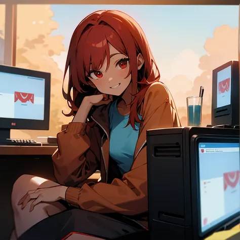 , middle breast, red hair, red eye, light brown skin, sky blue shirt, sitting in front of computer, smiling, hacker, extremely beautiful, masterpiece