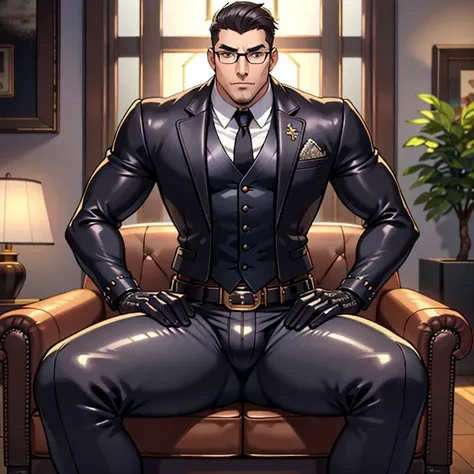 1boy, 16~20 years old, male focus, muscular male, nsfw, 3D, realistic, indoor, normal hue, central, golden ratio, sitting on the leather couch, sharp-featured body, tall, burly, highres, slender build, perfect anatomy, skin texture, thick dark buzzcut hair...