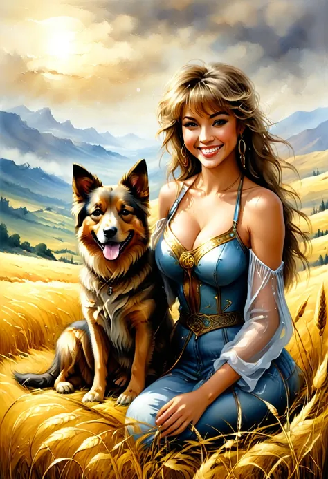 a beautiful smile girl with her fluffy dog smiling sits, luis royo, alex prihodko, jasmine becket griffith,  tatiana suarez,
tin...