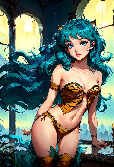 (lum), 1girl, solo, retro artstyle, eyeshadow, long hair, green hair, aqua hair, disheveled hair, blue eyes, bangs, tiger-stripped horns, 2d, translucent negligee, strapless, night, wide windows, crescent, (Best quality at its best, high detail, masterpiec...