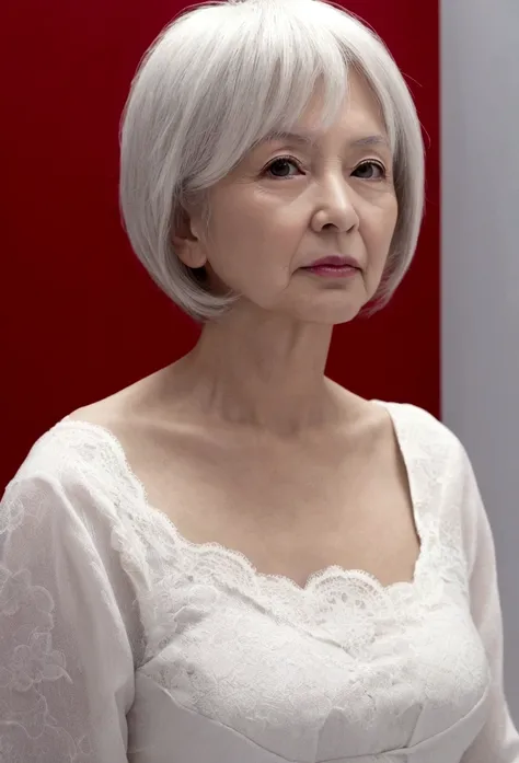 (((alone))), Older mature woman, Pure white background, gravure, Look forward, ((Center the screen)),