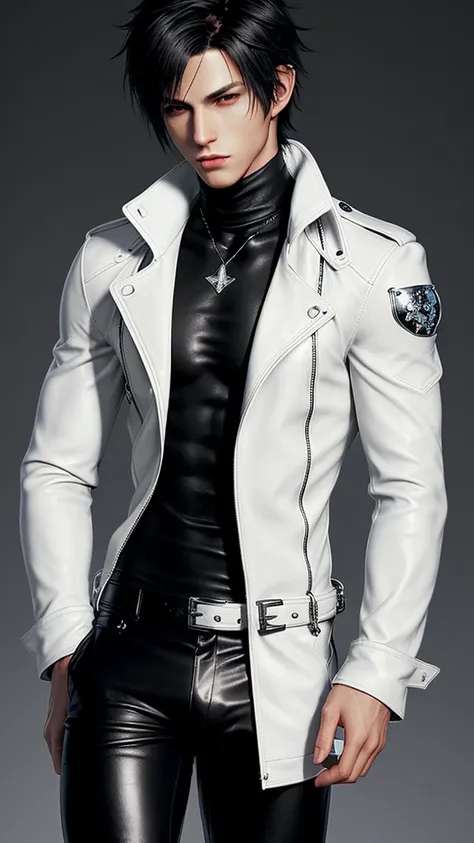 Final fantasy taste and reality graphics, Japanese young cute and cool  boy, thin eyebrows and beady eyes,  he wearing off white color leather thick singlebrest biker jacket, with epaulet,  jacket zipped, jacket is biker style, , jacket collar is high leng...