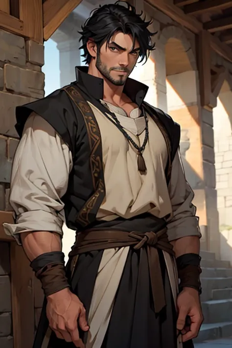 A handsome medieval serious male peasant wearing tunic with black hairstyle and hazel eyes, muscle, with stubble