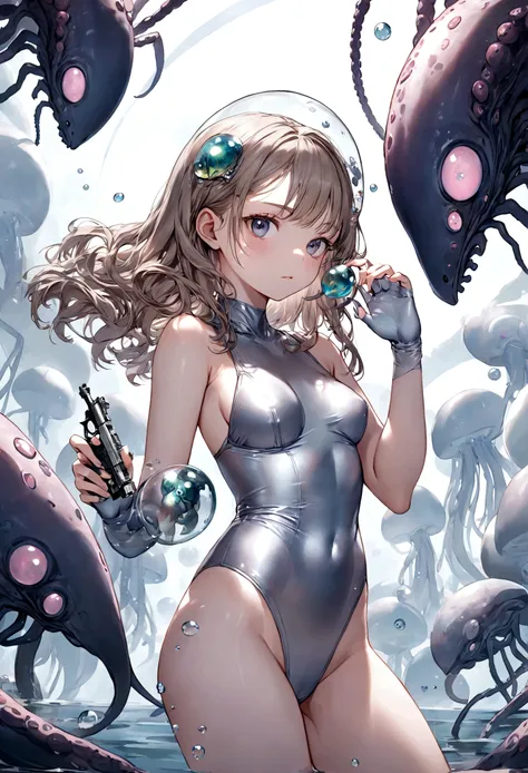 Sydney Sweeney (age current) in an extremely revealing silvery space swimsuit, bubble dome, ray pistol, she is being grabbed by an tentacled alien bug, alien world
