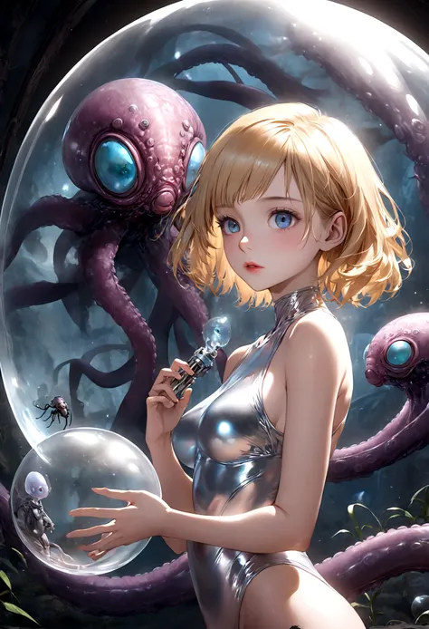 a young woman with blonde hair, beautiful detailed eyes, beautiful detailed lips, extremely detailed face, long eyelashes, wearing a revealing silvery space swimsuit, in a bubble dome on an alien world, being grabbed by a tentacled alien bug, ray pistol in...