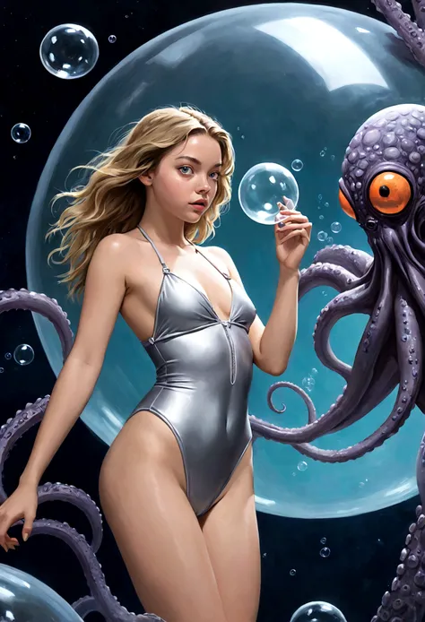 Sydney Sweeney (age current) in an extremely revealing silvery space swimsuit, bubble dome, ray pistol, she is being grabbed by an tentacled alien bug, alien world
