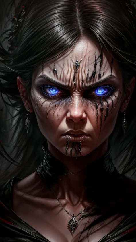 a woman with a malicious gaze, angry expression, piercing eyes, intense emotions, dramatic lighting, dark fantasy, muted colors, oil painting, award winning, highly detailed, photorealistic, 8k, best quality