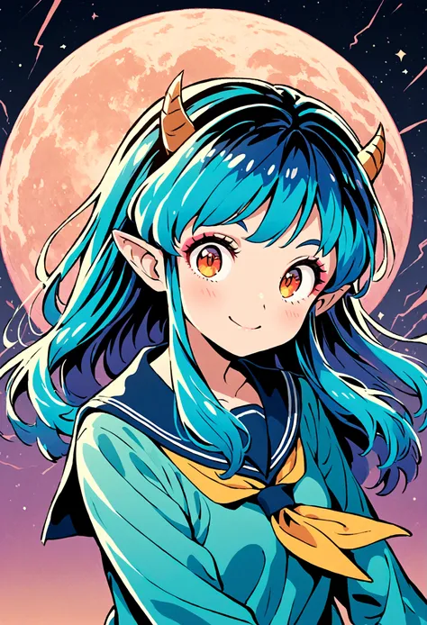 takahashi rumiko style,(1 girl,lum,long hair,bangs,blue hair,orange eyes,horns,pointy ears,aqua hair,oni horns,(eyeshadow),(shir...