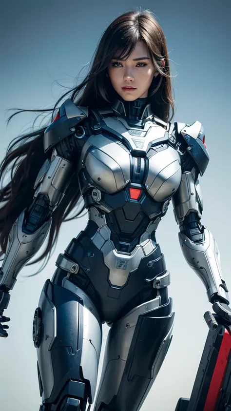 Textured skin, Super Detail, high details, High quality, Best Quality, hight resolution, 1080p, hard disk, Beautiful,(Iron Patriot),beautiful cyborg woman,Mecha Cyborg Girl,Battle Mode,Girl with a Mecha Body,She wears a futuristic Iron Patriot mech,Fulll b...