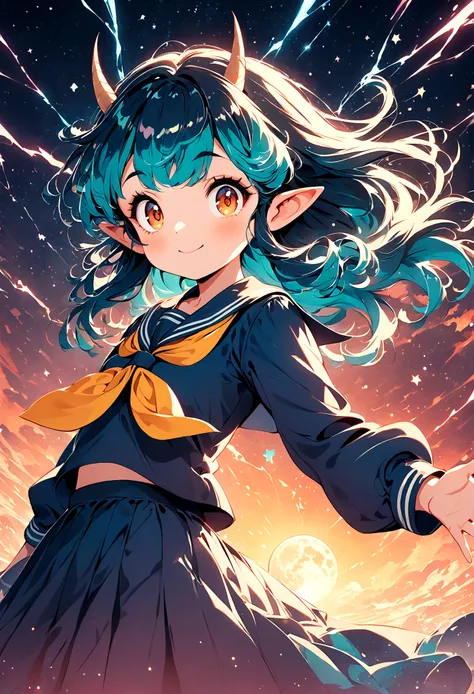 takahashi rumiko style,(1 girl,lum,long hair,bangs,blue hair,orange eyes,horns,pointy ears,aqua hair,oni horns,(eyeshadow),(shir...