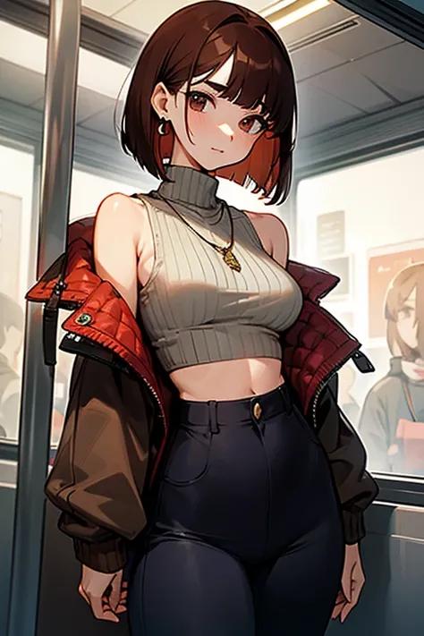 Reddish brown hair、Earrings、necklace、Sleeveless knitwear、Shoulder Bare、turtleneck、sexy、Cowboy Shot、In a crowded train、Disheveled clothing、Office casual fashion、The inner string is visible、Belly button、Asymmetrical design、Tight pants、Off-the-shoulder oversi...