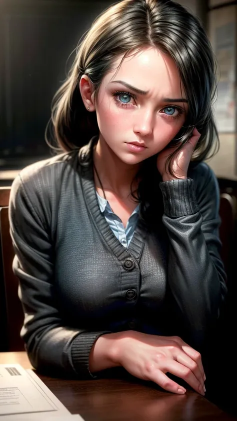 a girl with a hateful glare, glaring sideways, in a classroom, beautiful detailed eyes, beautiful detailed lips, extremely detailed eyes and face, long eyelashes, school uniform, sitting at a desk, gloomy lighting, moody atmosphere, muted color palette, dr...