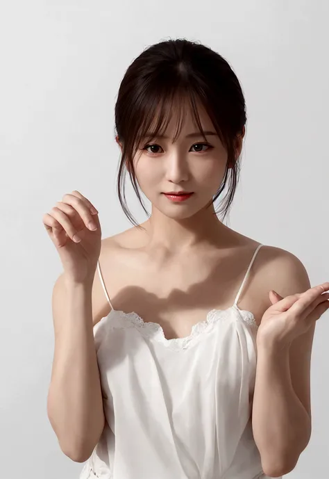 (((alone))), Older mature woman, Pure white background, gravure, Look forward, ((Center the screen)), Show both hands, Facing forward, Prevents finger crumbling