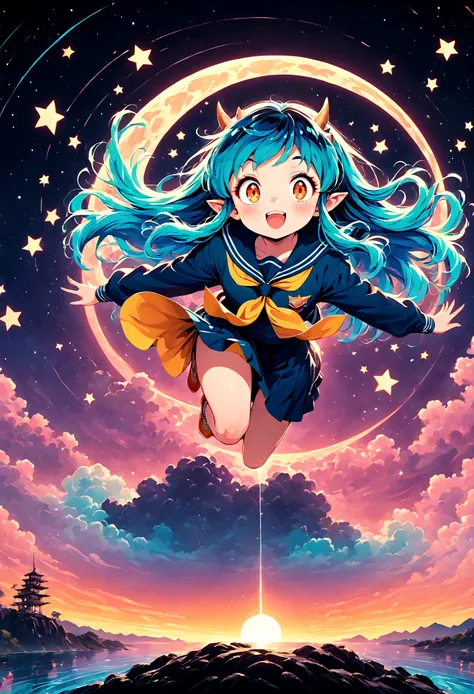 takahashi rumiko style,(1 girl,Lum,long hair,bangs,blue hair,orange eyes,horns,pointy ears,aqua hair,oni horns,(eyeshadow),(shirt,long sleeves,sailor suit,sailor collar,neckerchief,yellow neckerchief,blue shirt,blue sailor collar,blue skirt),the character ...