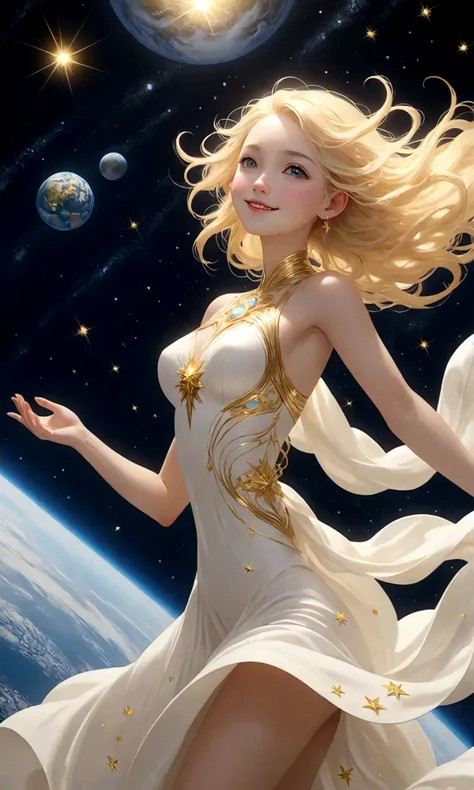 (masterpiece、highest quality、High resolution、8k)、Alone in space、goddess、Smile with closed mouth、Standing posture、whole body、Super beautiful、Perfect figure、White Dress、(Floating in the sky like a star、Floating、Floating)、金色のLightがwhole bodyを包んでいる、whole bodyが...