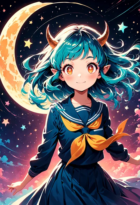 takahashi rumiko style,(1 girl,lum,long hair,bangs,blue hair,orange eyes,horns,pointy ears,aqua hair,oni horns,(eyeshadow),(shir...