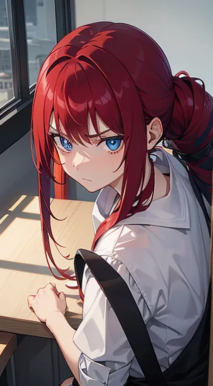 1g,blue eyes,alone,long hair,tailed snake,red hair,serious face,classroom