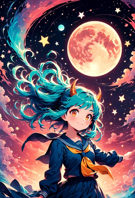 takahashi rumiko style,(1 girl,lum,long hair,bangs,blue hair,orange eyes,horns,pointy ears,aqua hair,oni horns,(eyeshadow),(shir...