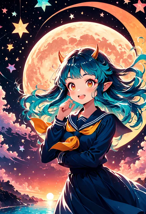 takahashi rumiko style,(1 girl,lum,long hair,bangs,blue hair,orange eyes,horns,pointy ears,aqua hair,oni horns,(eyeshadow),(shir...