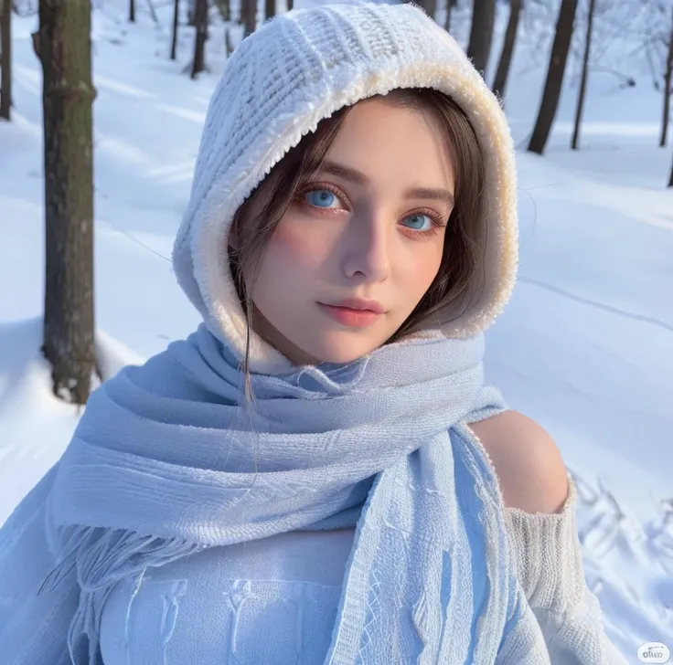 Beautiful girl, blue eyes, white hair, detailed facial traits, national turkic female dress, naked breasts, yurta behind, its snowing