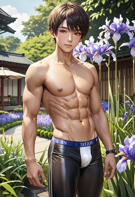 (best quality), realistic, japanese iris, garden, 15 year old Japanese idol boy,  (abs), black short hair, tanned dark shiny skin, (detailed brown eyes:1.1), (smile:0.8), white tiny thong, bulge, puffy nipples, detailed areola,