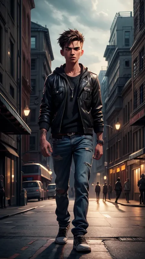 a young man, disgust expression,glaring at people,on the street, realistic, photorealistic, detailed face, detailed eyes, detailed skin, detailed clothing, cinematic lighting, dramatic shadows, moody atmosphere, gritty urban environment, dynamic pose, high...