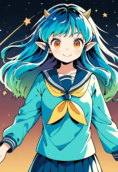 takahashi rumiko style,(1 girl,lum,long hair,bangs,blue hair,orange eyes,horns,pointy ears,aqua hair,oni horns,(eyeshadow),(shir...