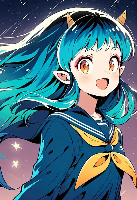 takahashi rumiko style,(1 girl,lum,long hair,bangs,blue hair,orange eyes,horns,pointy ears,aqua hair,oni horns,(eyeshadow),(shir...