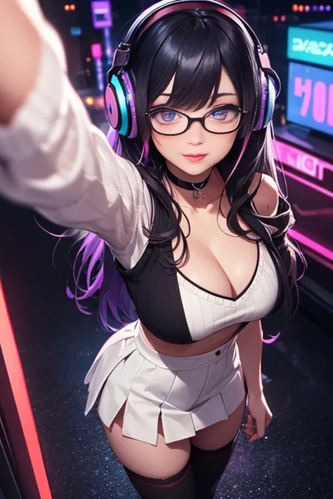 ((best quality)), ((masterpiece)), ((detailed eyes and face)), POV view from above taking a selfie with both arms, perfect face, female, gamer girl, aqua eyes, cherry-red lips, light smile, long black hair, purple streaked hair, purple highlights, wearing ...