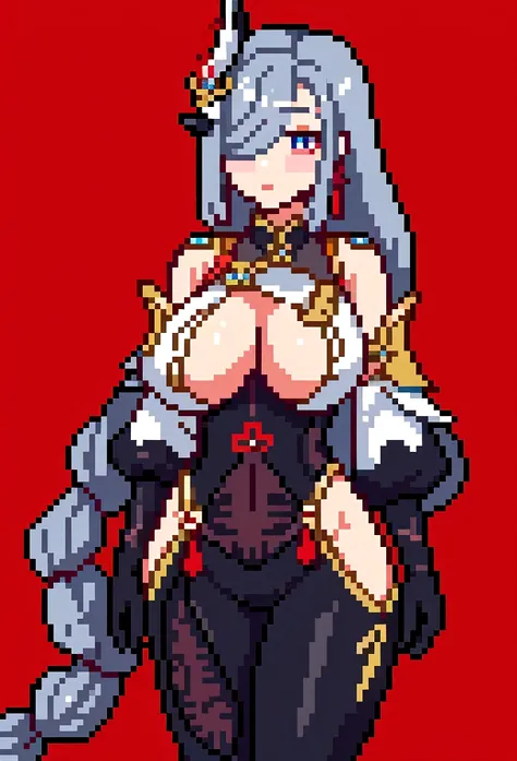 1girl, Shenhe, solo, long hair, blue eyes, gray hair, hair over one eye, hair ornament, large breasts, hair unbraided , very long hair, tassel, braided ponytail, gloves, black bodysuit, breast curtain, clothing cutout, black gloves, jewelry, earrings, shou...