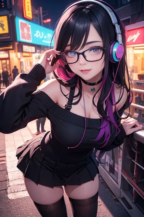 ((best quality)), ((masterpiece)), ((detailed eyes and face)), POV view from above taking a selfie with both arms, perfect face, female, gamer girl, aqua eyes, cherry-red lips, light smile, long black hair, purple streaked hair, purple highlights, wearing ...