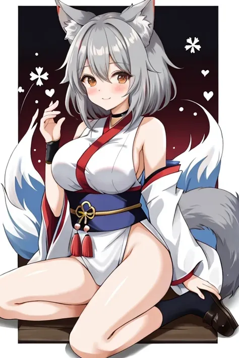 shy female anime kitsune with grey hair and a tail