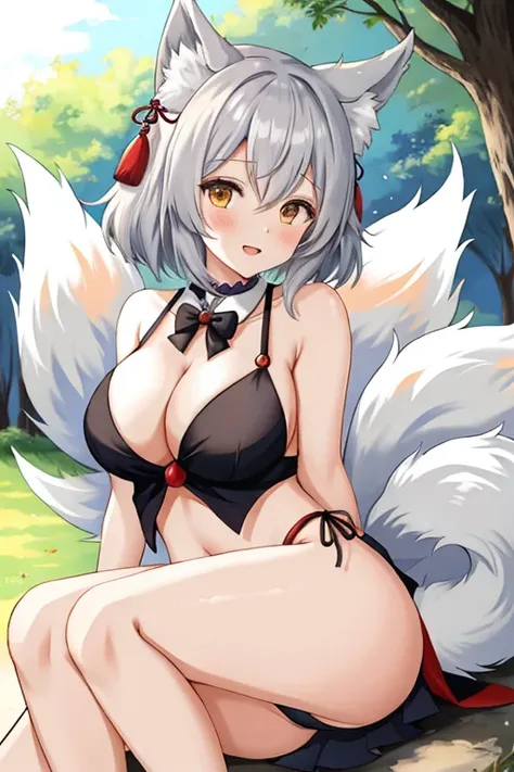 shy female anime kitsune with grey hair and a tail