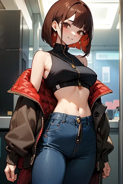 Reddish brown hair、Earrings、necklace、Sleeveless shirt、Shoulder Bare、Zip-up turtleneck、sexy、Cowboy Shot、In a crowded train、Disheveled clothing、Office casual fashion、The inner string is visible、Asymmetrical design、Tight pants、Off-the-shoulder oversize short ...