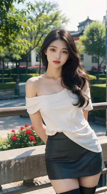 Perfect young female office worker，China，high-definition，masterpiece，Black Hair，Long hair shawl，Long hair spread over shoulders，beach wavy hairstyle，Off-shoulder，clavicle，Delicate face，Hydrating red lips，（（Wear a T-shirt，skirt，Black stockings，Long Legs 16k...